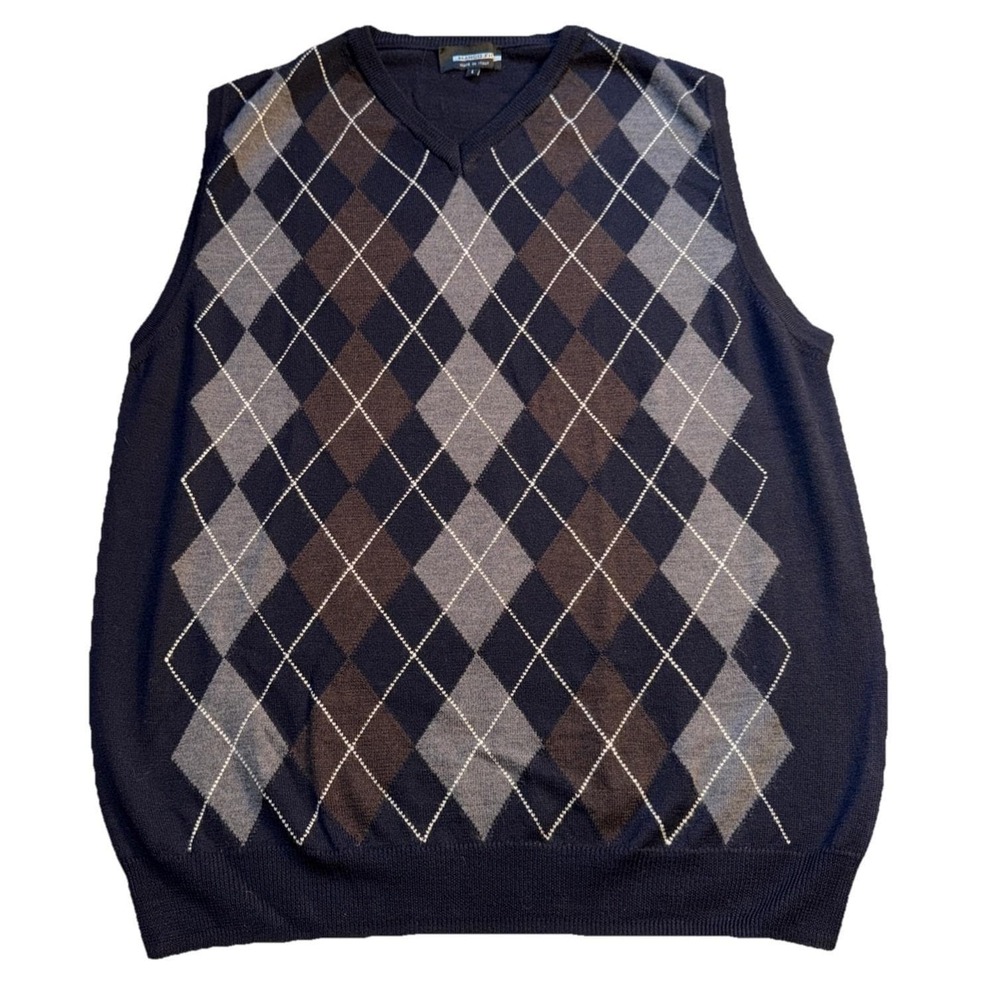 Marco Fiori Men's L Argyle  Merino Wool Sweater Vest Italy Grandpa Sweater